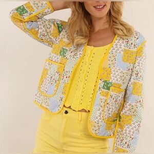 New! Daphnea Paris Sunshine Quilted Patchwork Cropped Jacket Yellow White Medium